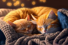 Cat Kitten Sleeping Ginger Kitten On Sofa With Knit Blanket Covering It. Hugging And Cuddling Two Cats. Household Pet. Sleep And A Relaxing Snooze. Family Pet Little Kittens. Hilarious And Cute Kittie
