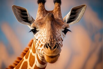 Poster -  a giraffe with a very long neck and a very long nose looking at the camera with a blue sky in the background and a cloudless sky behind it's head is a.