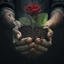 The Dirty Hands Of A Gardener Holding A Single Beautiful Red Rose Flower Growing In Soil, Symbolizing Love, Nurture And Rebirth