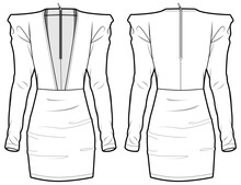 Women Statement Shoulder Bodycon Dress Design Flat Sketch Fashion Illustration Drawing With Front And Back View. Ladies Long Sleeve Bandage Evening Wear. Deep V Neck Tight Dress Cas Vector Template