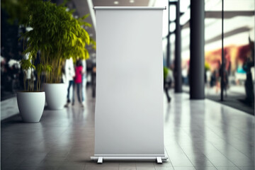 Blank roll up banner design mockup, background blurred public place 
