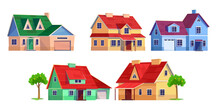 Set Of American Suburban Houses In Cartoon Style Isolated On White Background. Collection Of Nice Modern Residential Buildings And Townhouses. Real Estate Icons. Cartoon Style Vector Illustration.