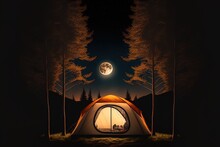 Nighttime Vertical Image Of A Tent Pitched Among The Woods. Generative AI