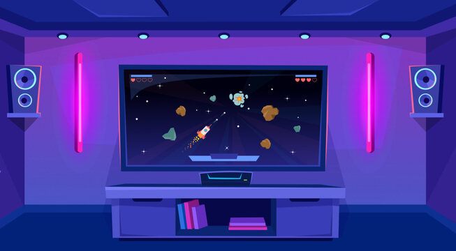 Wall Mural - Gaming setup with a big screen tv on a stand and a console in a gamers room with neon lights and speakers. Playing shooting arcade with a spaceship and asteroids. Cartoon style vector background.