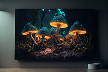 Oil Painting Mural Of Mushrooms Glowing In The Dark Forest ,ai, Generative AI
