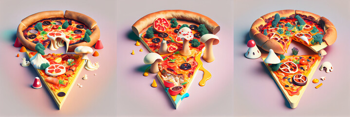 Wall Mural - Pizza slice illustration on a one tone background. Small cartoon world on pizza, collection