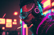 © 2rogan - A realistic illustration of a man in neon light decked out in cyberpunk attire, including a headset. a futuristic, high tech man from the future. the ideas of cyberpunk and virtual reality. Illustrati