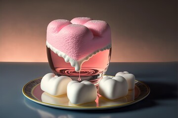 Poster -  a pink heart shaped dessert on a plate with marshmallows on it and a glass of water behind it on a table with a pink background and white background with a pink backdrop.