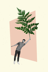 Poster - Template creative collage of young guy hold green fern tree branch flying away on drawing color background