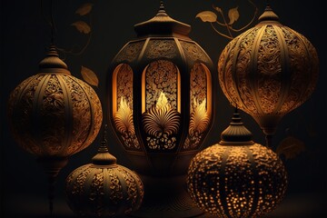 Poster -  a group of lamps that are sitting on a table together in a room with a dark background and a wall behind them that has a tree branch with leaves on it and a light in the middle.