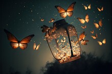  A Lantern With Butterflies Flying Around It In The Night Sky Above A Forest Of Trees And A Cluster Of Butterflies Flying Around It In The Night Sky Above A Lantern, With A Lantern,. Generative AI