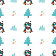 Cute Pattern With Baby Penguin Listening To Music With Headphones. Funny Antarctic Bird, Trees, Winter Sea And Icebergs Hand Drawn In Doodle Style. Seamless Background For Kids Textile