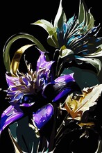 Magic Metal Lillies Space Gold Purple Blue And Green  Abstract Digital Illustrations Painting Concept Art Part#110123