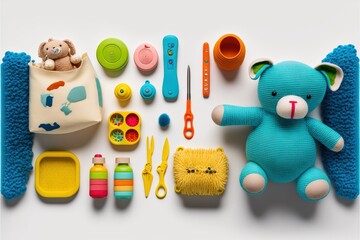 Sticker -  a blue teddy bear surrounded by toys and other items on a white surface with a blue bag and a yellow teddy bear on the floor next to it, a blue teddy bear, scissors, a.