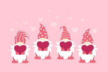 Cute Valentine Gnome With Heart. Valentines Day Design. Vector Illustration Isolated On Pink Background.