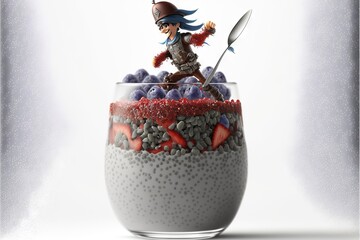 Wall Mural -  a cartoon character is riding on a spoon in a bowl of cereal and berries with a spoon in it and a spoon in the bowl with berries in it and a hat on top of.