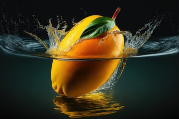 Poster -  a orange is splashing into the water with a green leaf on top of it and a green leaf on top of it, and a green leaf on top of the orange, and a black background.