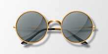 Vector 3d Realistic Round Frame Glasses Icon Isolated. Yellow Golden Colored Metal Frame. Transparent Black Sunglasses For Women And Men, Accessory. Optics, Lens, Vintage, Trendy Glasses. Top View