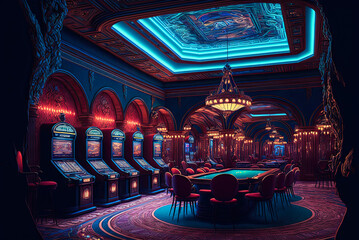 Wall Mural - Casino interior, vibrant, colorful, futuristic, slot machines. Generative AI