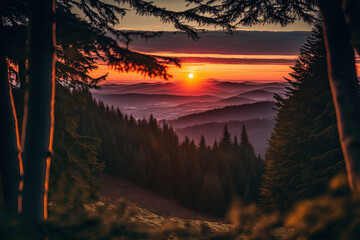 breathtaking view of the Black Forest's landscape and sunset from the Roßbühl Refuge in Oppenau, Oppenauer Steige. Generative AI