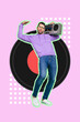 © deagreez - Vertical collage image of excited carefree guy carry boombox dancing good mood big vinyl record isolated on drawing pink background