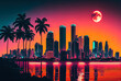 © Sunshower Shots - Miami Florida cityscape, skyline, palm trees, reflection, neon, fantasy. Generative AI