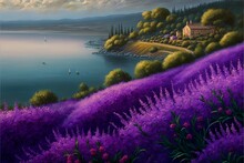 Wonderful Lavender Field Overlooking The Lake