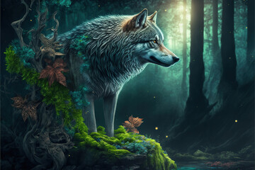 Wall Mural - Beautiful wolf in a magical fantasy forest, Generative AI