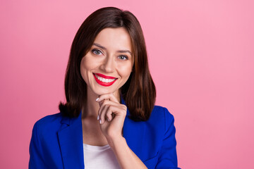 Poster - Closeup portrait of cute cheerful smiling red lips pomade business woman entrepreneur touch chin enjoy her work isolated on pink color background