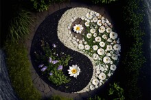  A Yin - Yang Garden With Flowers And A Black Stone Path In The Middle Of It, With A White And Yellow Flower In The Middle Of The Center Of The Picture, And A Black And White Flower In The Middle.