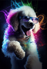 Wall Mural - Funny dog dancing at the disco in the club. AI generated