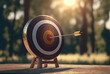 Target board with arrow on forest background - 3D illustration. Hitting the center of a shooting for business targeting and winning goals business concepts. Generative ai
