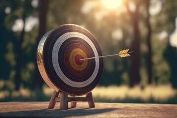 Target board with arrow on forest background - 3D illustration. Hitting the center of a shooting for business targeting and winning goals business concepts. Generative ai