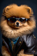 Ein cooler Hund mit Lederjacke und Sonnenbrille zeigt Attitude und Style in einem Portrait - Ai generiert