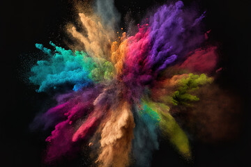 Canvas Print - An abstract burst of colourful dust against a dark background. Abstract background with powder splatters, freeze motion of color powder exploding throwing, and glitter texture in various colors