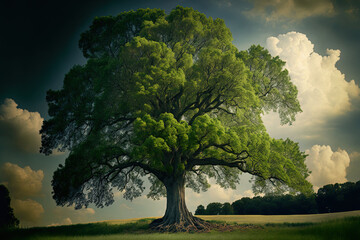 Canvas Print - In the field, a lone green oak tree. Generative AI