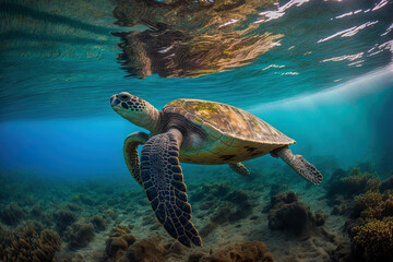 Wall Mural - Sea turtle in the Galapagos Islands, photographed. Generative AI