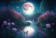 Fantasy Wonderful Enchanted Fairy Tale Scene Featuring A Woodland Lake, A Fantastic Pink Rose Garden From A Fairy Tale, Two Butterflies, And A Mystery Blue Background With A Shining Moon Ray In The Ev