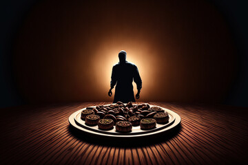 Poster - Concept of the holy month of Ramadan. virtuous Muslim way of life. Fasting. dates and a ramadan light. On a wooden table, a man's stretches out toward a plate of dates. a background of dark brown