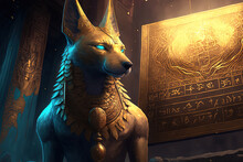A Stone Slab With Cracks And Hieroglyphs Serves As The Backdrop For A Close Up Of The Egyptian God Jackal. In A Golden Armor, Anubis, The Guardian Of The Scales During Osiris' Trial In The Country Of