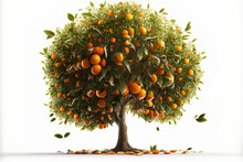 Orange Tree Up Close And Isolated On A White Background. Orange Tree With White Background And Leaves. Generative AI