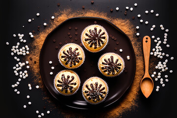 Sticker - Chiaroscuro or dark food macro photography, lay flat or top view of vanilla cupcakes with chocolate chips on a black plate, concept of homemade desserts. Generative AI