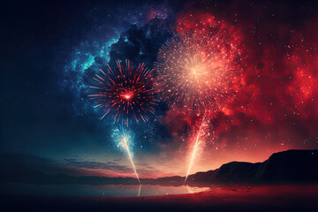 Red and blue fireworks with a milky way background in the distance. Generative AI