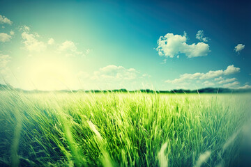 Wall Mural - Background image of lush grass field under blue sky. Generative AI