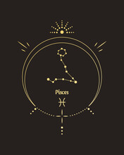 Magic Astrology Poster With Pisces Constellation, Tarot Card. Golden Design On A Black Background. Vertical Illustration, Vector