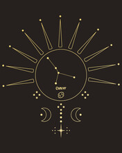 Magic Astrology Poster With Cancer Constellation, Tarot Card. Golden Design On A Black Background. Vertical Illustration, Vector