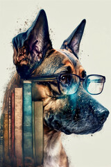 Wall Mural - Doppelbelichtung von einem Hund mit Brille und Bücher isoliert auf weißen Hintergrund - Ai generiert