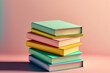© Sarah - Bücherstapel auf pastellfarbenen Hintergrund mit Platzhalter, Ai generiert