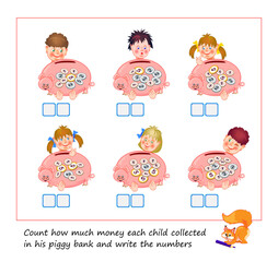 Count how much money each child collected in his piggy bank and write the numbers. Educational page for children. Math education for kids. Printable worksheet for school workbook. Back to school.