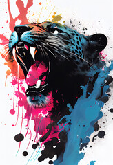 Fototapete - Angry shouting panther close-up on white background. Watercolour brush strokes artistic technique.  
Digitally generated AI image.